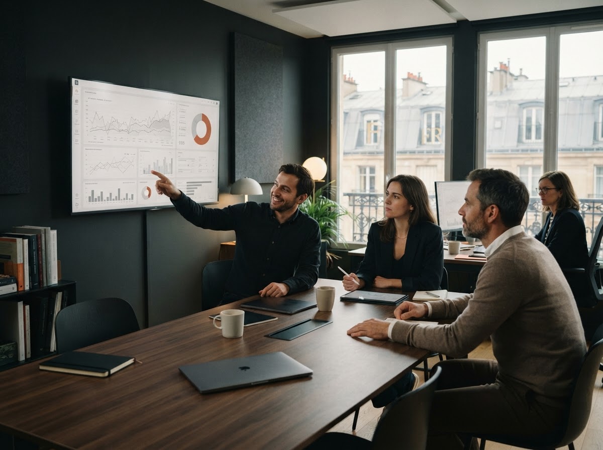 Quantum Flash, utilisateur consultant l'analyse de marché depuis un poste de travail mobile
